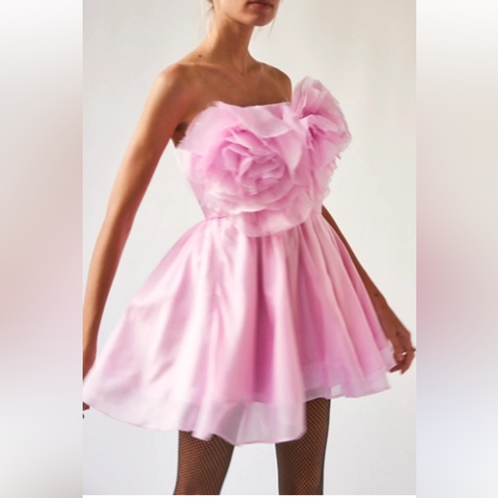 Bardot Strapless Pink Mini Dress with Rosette Bodice